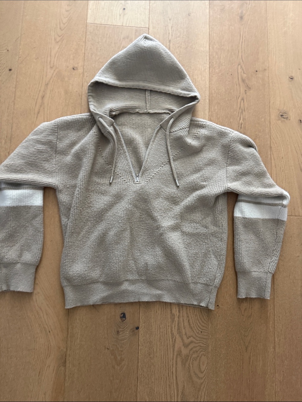 Beige Knit Hooded Pullover with White Sleeve Stripe